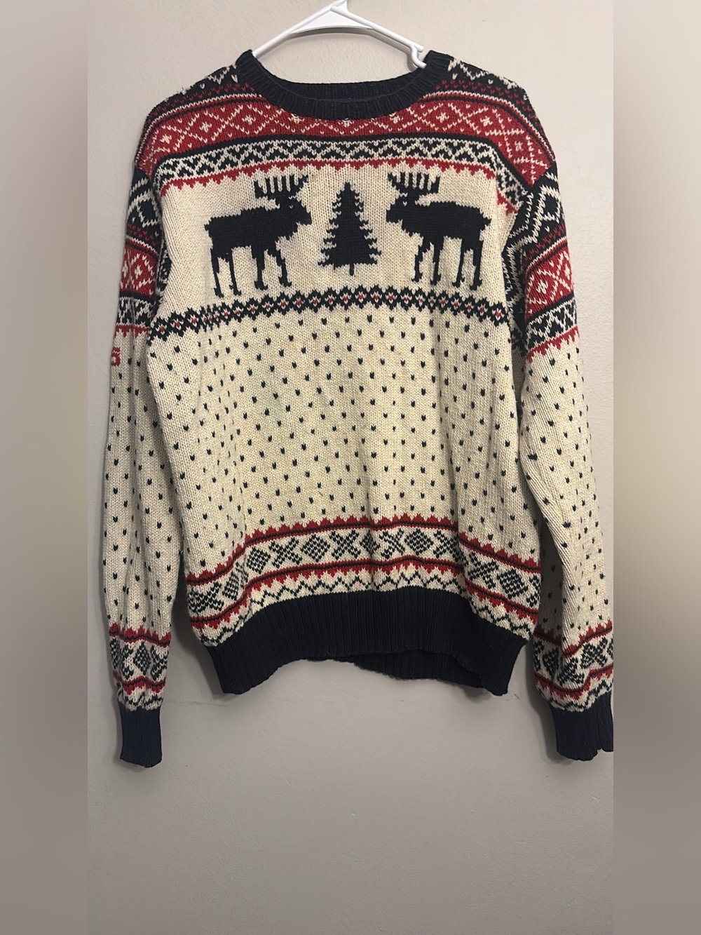 Ralph Lauren Cream Fair Isle Moose Crewneck Sweater with Red and Black Accents